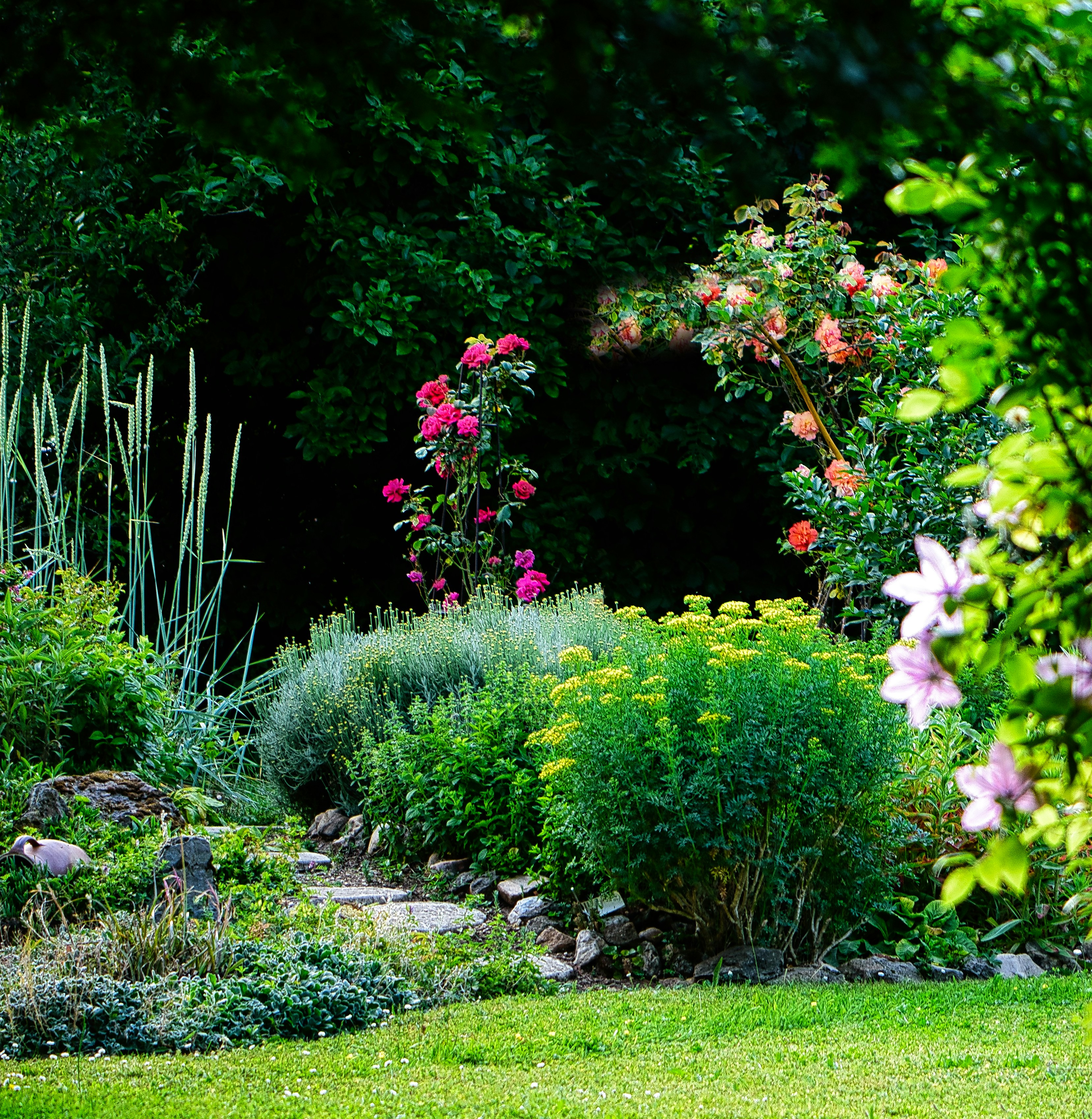 Jardin familial verdoyant avec zones de détente